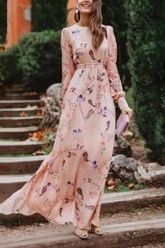 Women's Fashion Print Temperament Long Sleeve Elegant Casual Maxi Dress