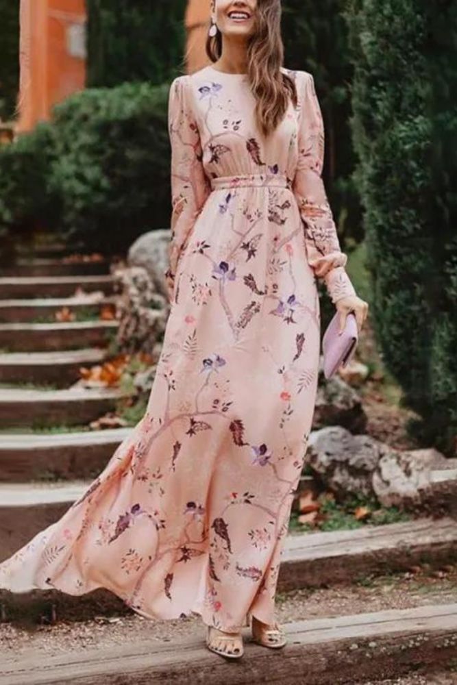 Women's Fashion Print Temperament Long Sleeve Elegant Casual Maxi Dress