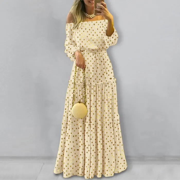 Summer Bohemian Temperament Bronzing Polka Dot Puff Sleeve Casual  Maxi Dress