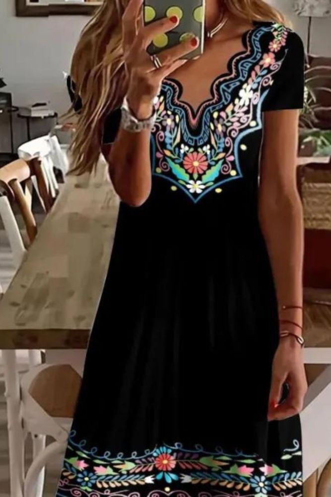 Summer V-neck Loose Swing Retro Flower Embroidered Cotton Casual Dress