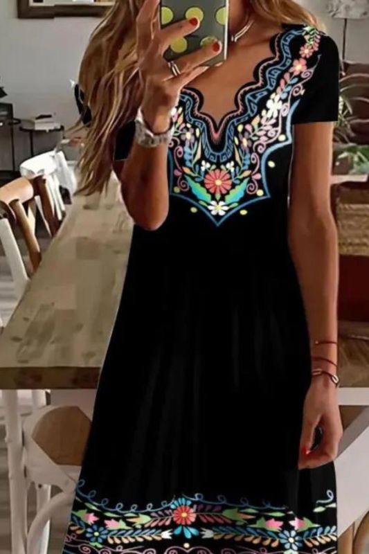 Summer V-neck Loose Swing Retro Flower Embroidered Cotton Casual Dress
