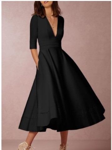 Deep V Neck Party Half Sleeves Sexy Solid Elegant Office Vintage A-Line Dress