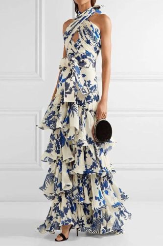 Printed Layered Halter Neck Sleeveless High Waist Off Shoulder Hollow Wedding Guest Dress