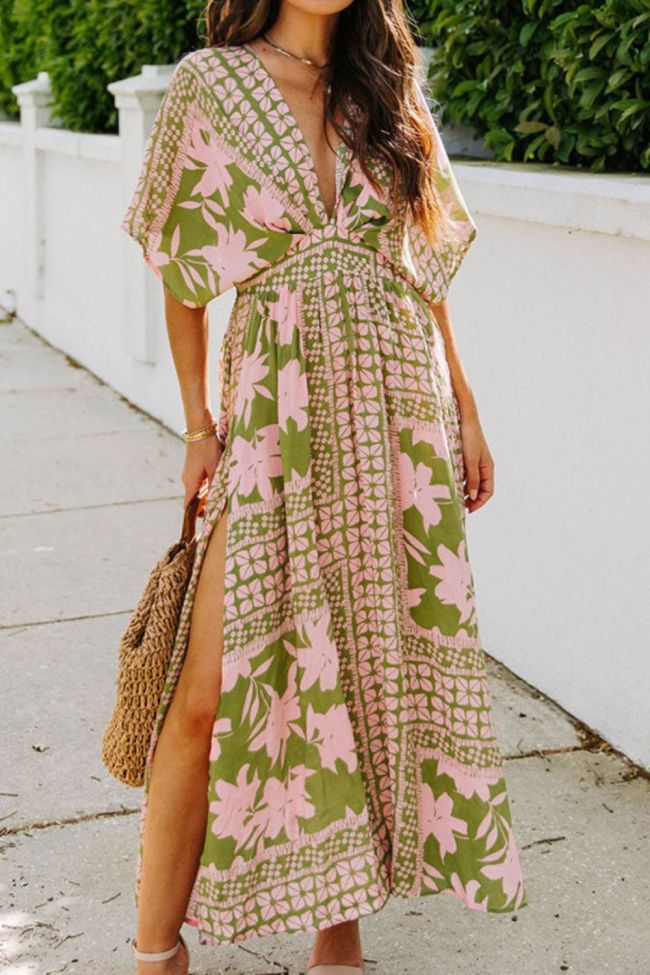 Summer Fashion High Waist Batman Sleeve V Neck Print Sexy Loose Maxi Dress