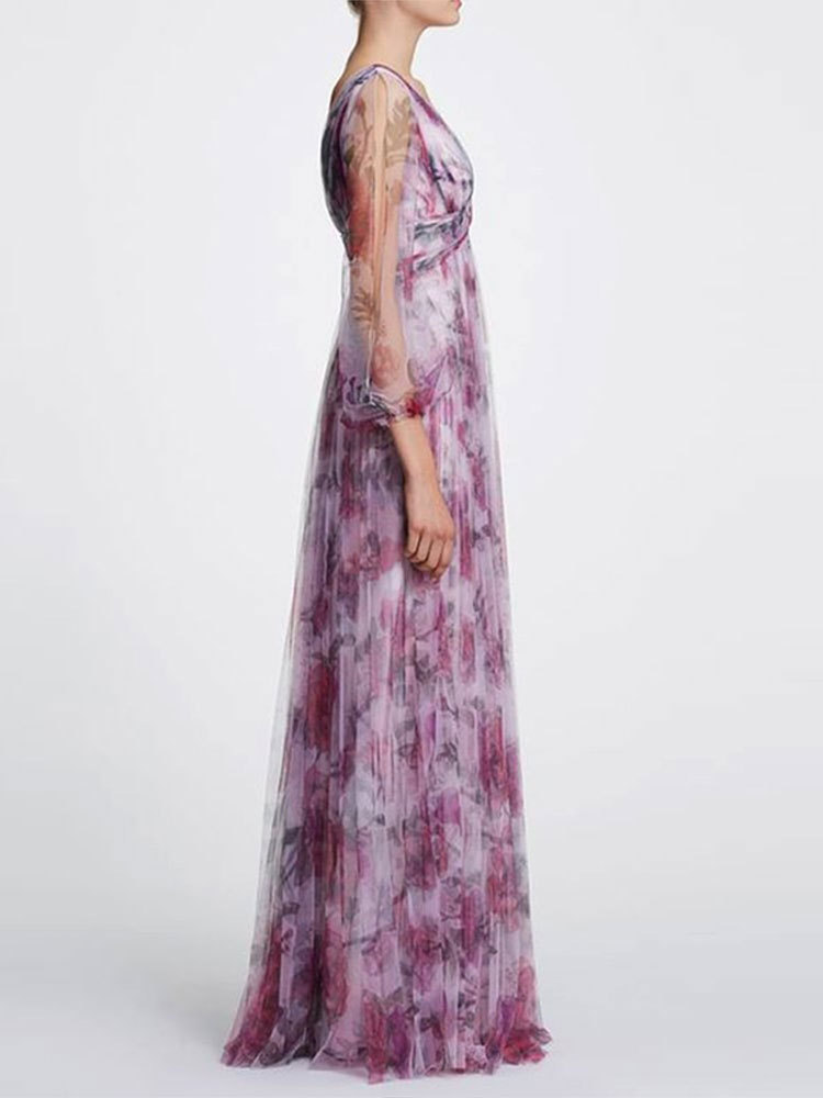 Elegant Pleated Lapel Waisted Long-sleeved Maxi Dress