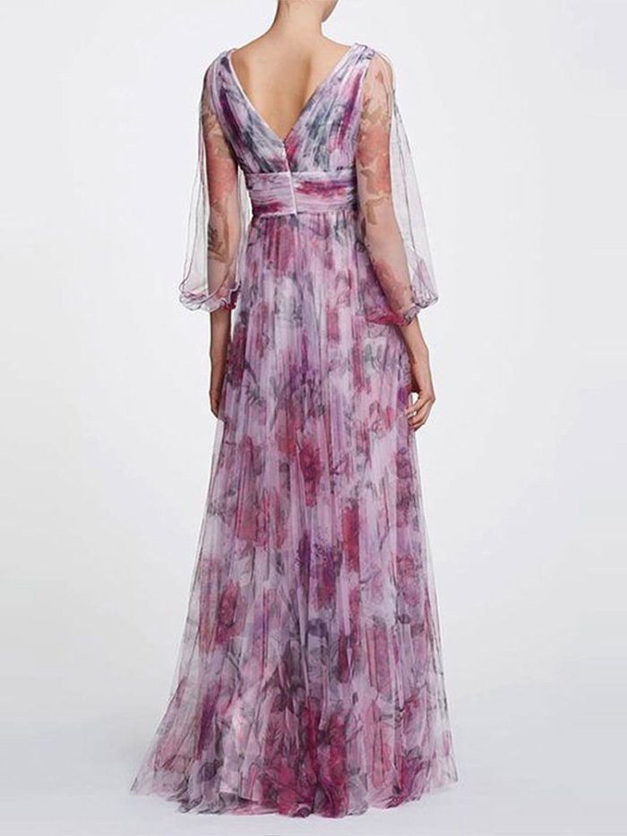 Women's Elegant Printed Mesh Fashion V Neck Long Sleeves Pleated Party Maxi Dress