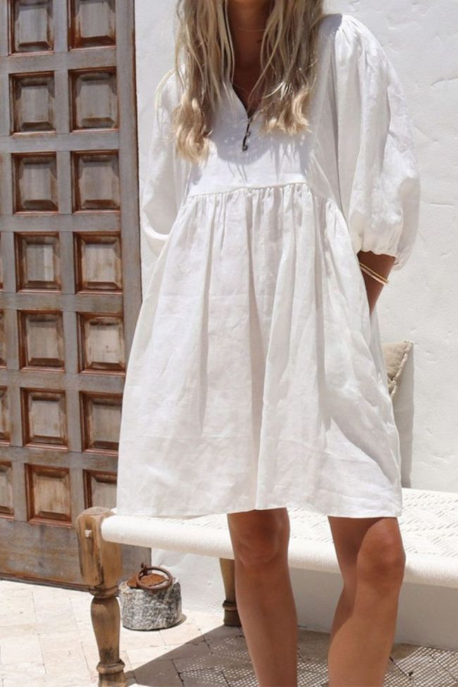 Fashion High Waist Casual V Neck Solid Color Vacation Loose Casual Mini Dress