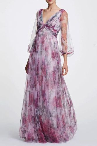 Women's Elegant Printed Mesh Fashion V Neck Long Sleeves Pleated Party Maxi Dress
