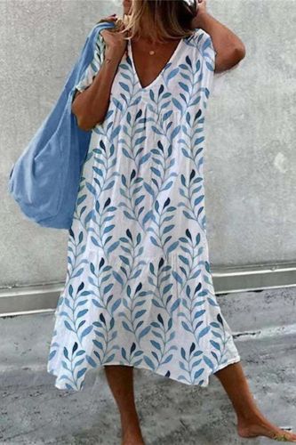 Elegant Summer Print Stitching Casual Short Sleeve Loose V Neck Dress