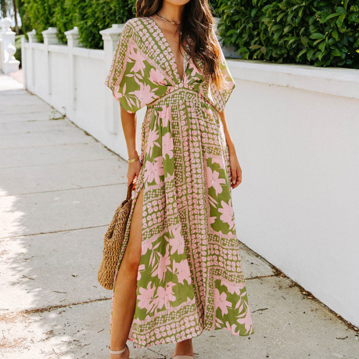 Summer Fashion High Waist Batman Sleeve V Neck Print Sexy Loose Maxi Dress