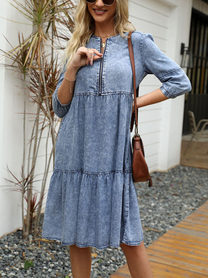 Women's Fashion Retro Solid Color Casual O-Neck Loose Dress
