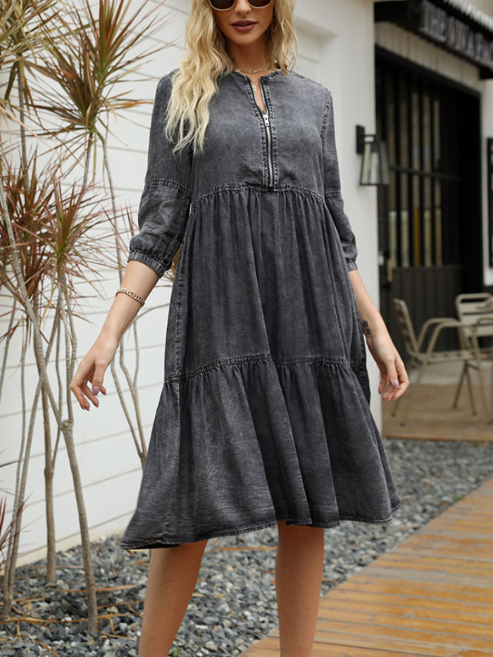 Women's Fashion Retro Solid Color Casual O-Neck Loose Dress