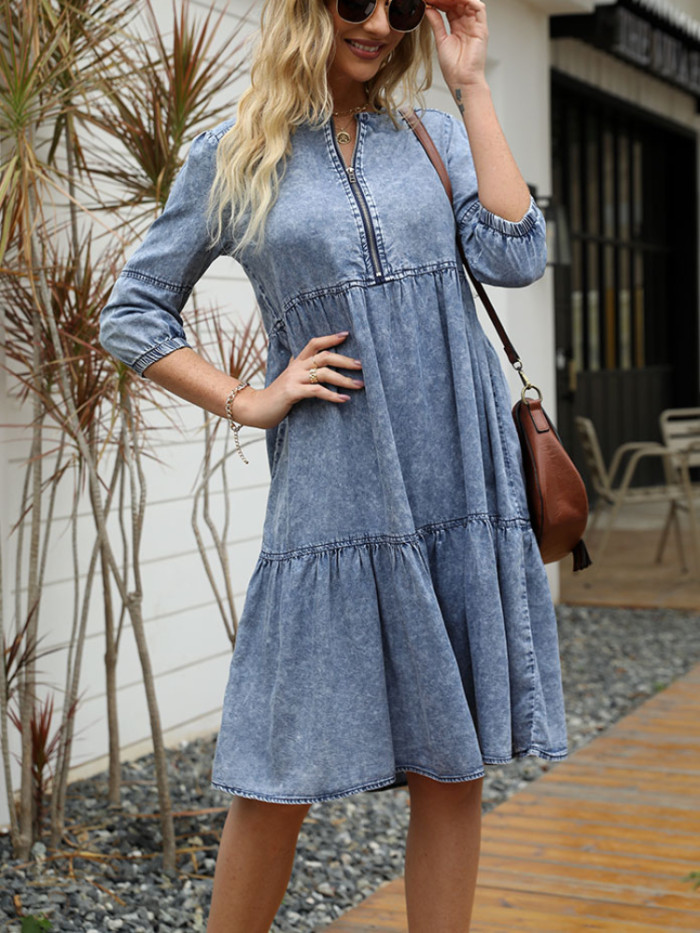 Women's Fashion Retro Solid Color Casual O-Neck Loose Dress
