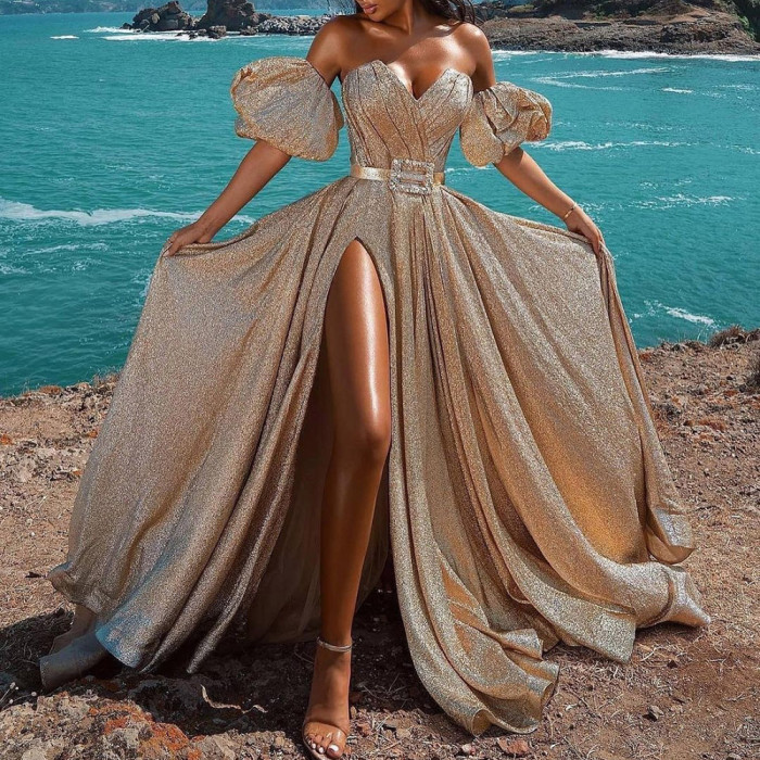 Fashion Sexy Party Glitter Deep V Neck Sleeveless Tube Top Dinner Party Wedding Guest Dress