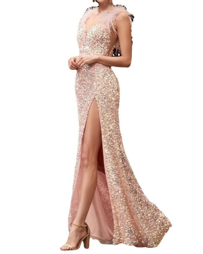 Sexy Sequin Temperament Solid Color Elegant Party Feather Banquet Wedding Guest Dress