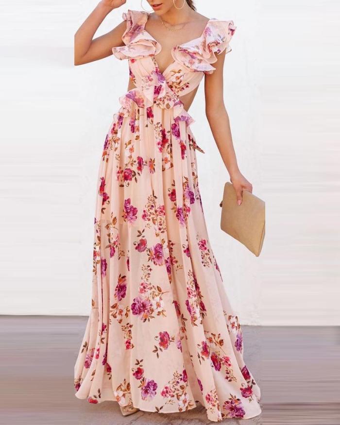 Summer Women's Floral Print Bohemian Fashion Casual V Neck Holiday  Maxi Dress