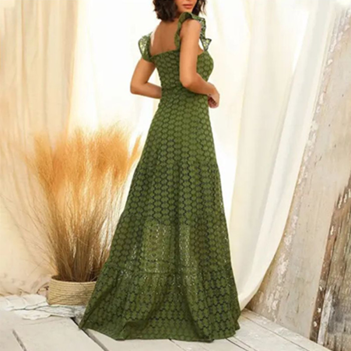 Fashion Sling V Neck High Waist Cutout Boho Vacation Elegant Lace Bustier Maxi Dress