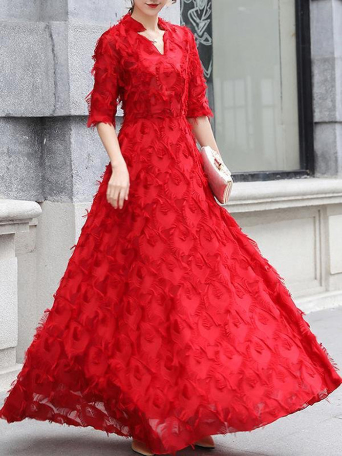 Women's Sexy Elegant Party Long Sleeve V Neck Lace Wedding Guest Dress