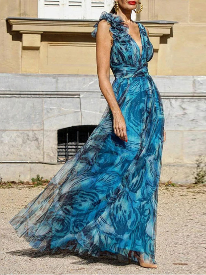 Elegant Women's Print Fashion 3D Floral V Neck Sleeveless Lace Maxi Dress