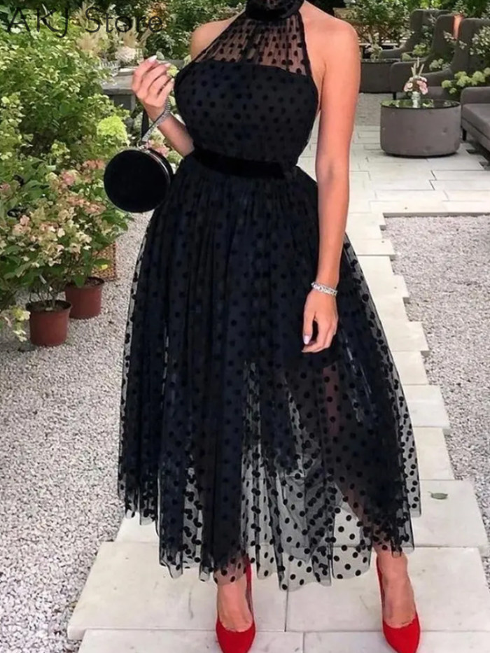 Women Halter Backless Dot Mesh Prom  Casual Dress