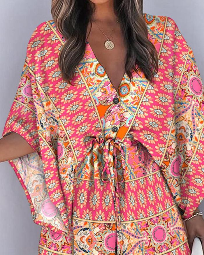 Women's Fashion Flower Print Off-Shoulder Stitching Backless Casual Dress