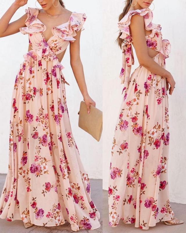 Summer Women's Floral Print Bohemian Fashion Casual V Neck Holiday  Maxi Dress