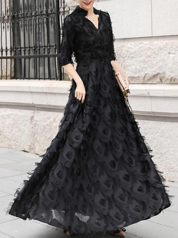 Women's Sexy Elegant Party Long Sleeve V Neck Lace Wedding Guest Dress