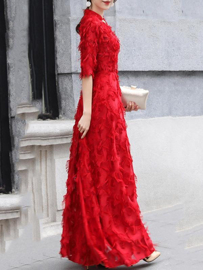 Women's Sexy Elegant Party Long Sleeve V Neck Lace Wedding Guest Dress