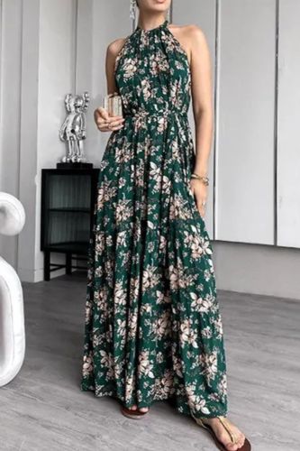Women Fashion Flower Print Off Shoulder Bohemian Elegant  Maxi Dress