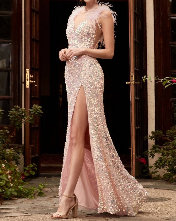 Sexy Sequin Temperament Solid Color Elegant Party Feather Banquet Wedding Guest Dress
