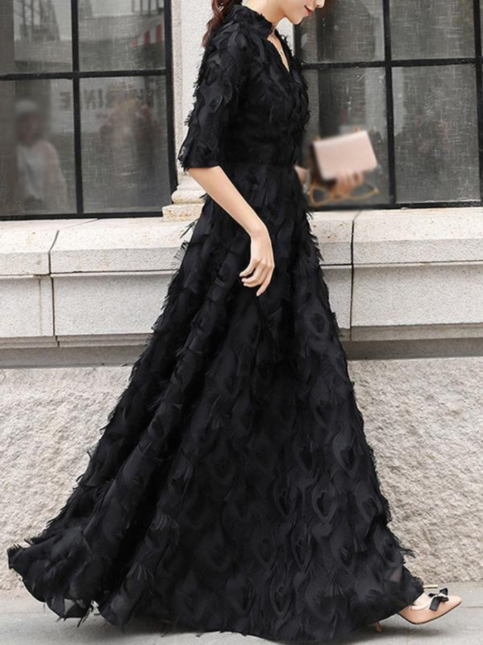 Women's Sexy Elegant Party Long Sleeve V Neck Lace Wedding Guest Dress