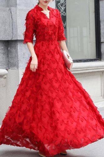Women's Sexy Elegant Party Long Sleeve V Neck Lace Wedding Guest Dress