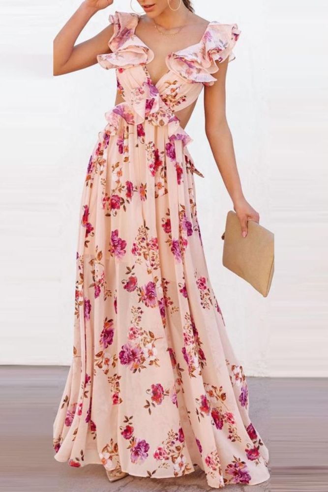 Summer Women's Floral Print Bohemian Fashion Casual V Neck Holiday  Maxi Dress