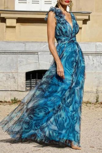 Elegant Women's Print Fashion 3D Floral V Neck Sleeveless Lace Maxi Dress
