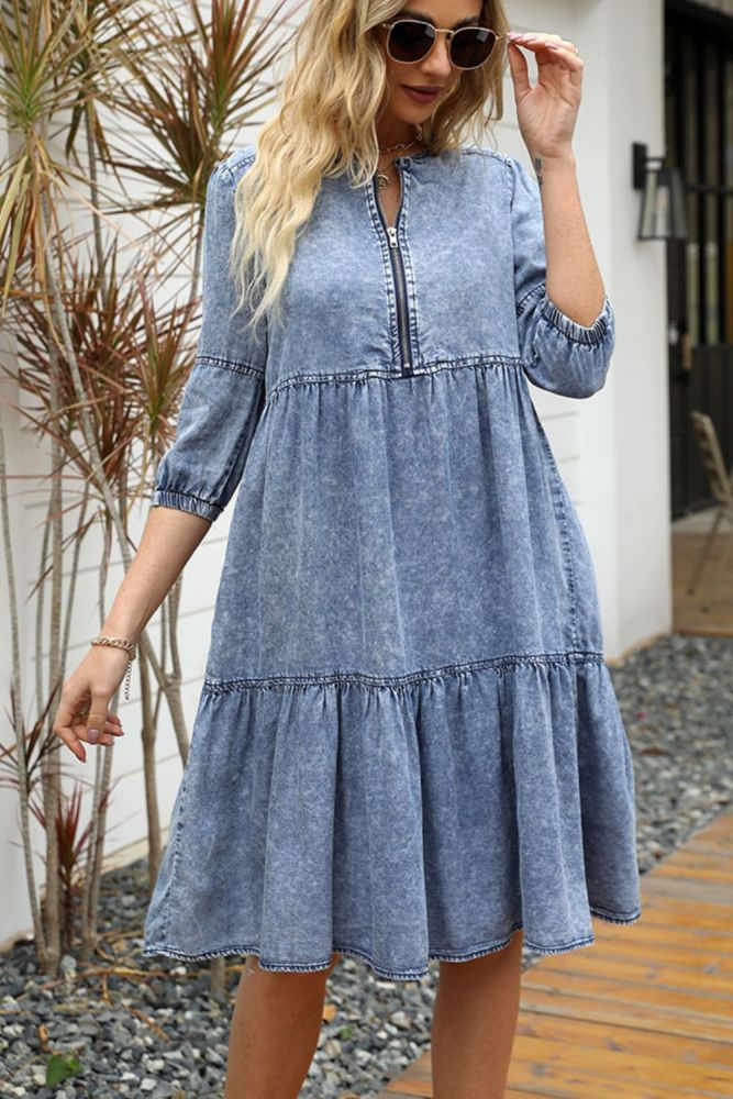 Women's Fashion Retro Solid Color Casual O-Neck Loose Dress
