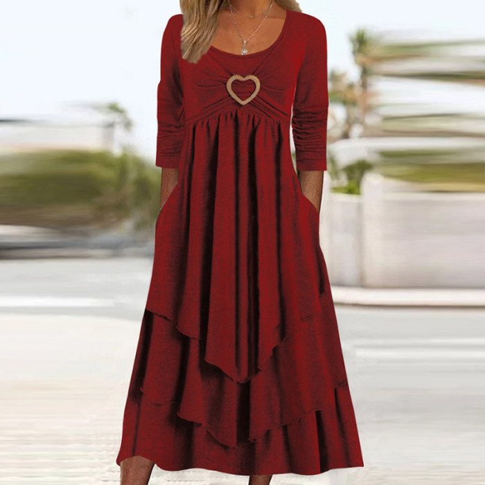 Casual Layered Ruffle Loose Long Sleeve Pocket Retro Solid Color O-Neck Dress