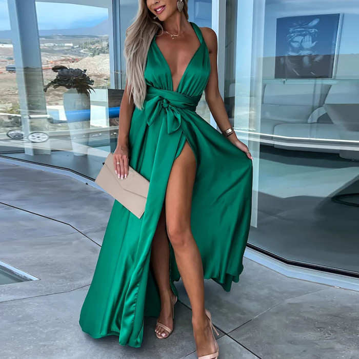 Summer Sexy Lace Up Elegant Strapless Slit Fashion Solid Color Party Maxi Dress