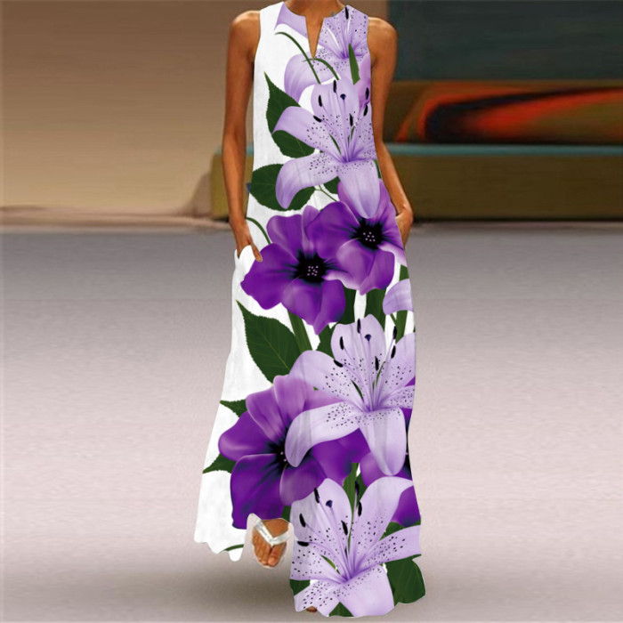 Fashion Sleeveless V Neck Casual Elegant Flower Print Vintage Maxi Dress