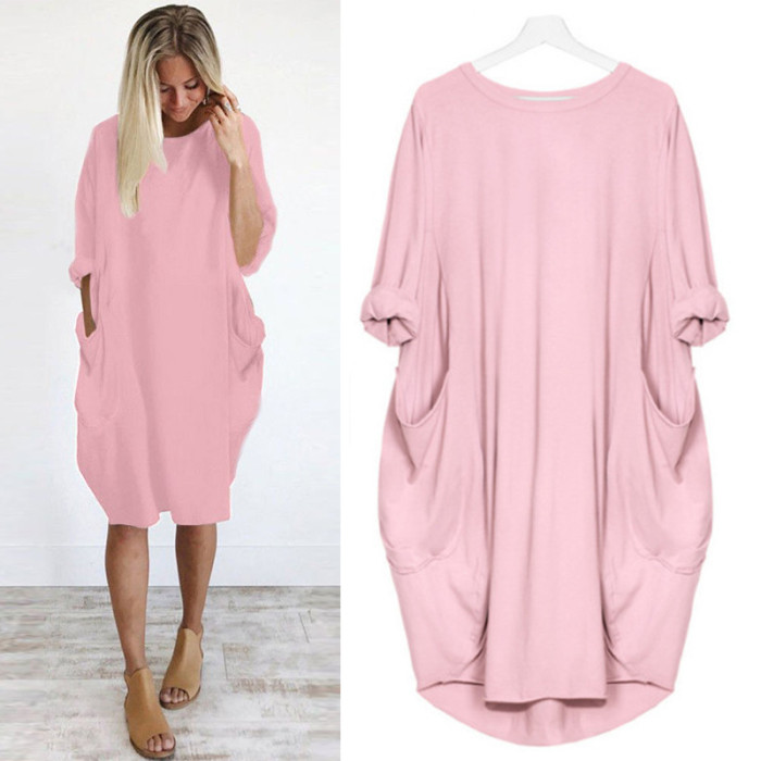 Women's Fashion Pocket Loose O Neck Solid Color Casual Party Dress
