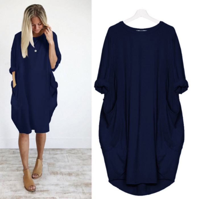 Women's Fashion Pocket Loose O Neck Solid Color Casual Party Dress