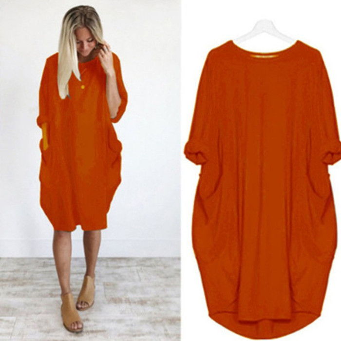 Women's Fashion Pocket Loose O Neck Solid Color Casual Party Dress