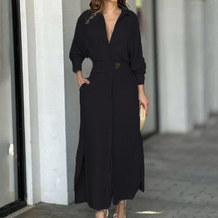 Women's Fashion Elegant Solid Color Party Side Pocket Long Sleeve Office Maxi Dress