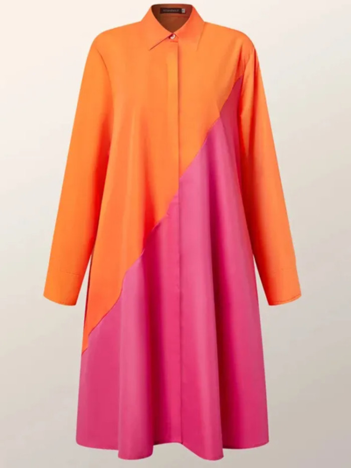 Ladies Fashion Lapel Printed Long Sleeve Shirt  Casual Dress