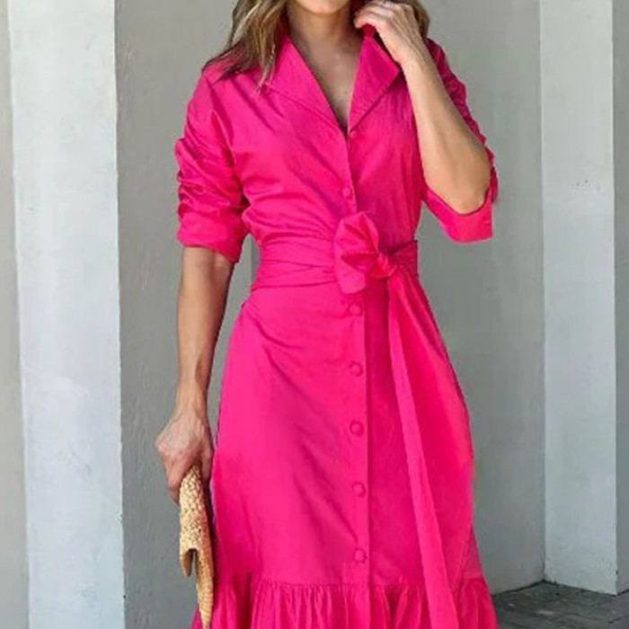 Women's Fashion Elegant Long Sleeves Lapel Ties Solid Color Party Maxi Dress