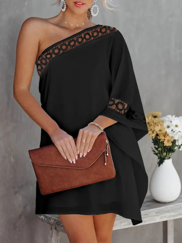 Contrast Lace One Shoulder Casual Dress Women Long Sleeve Mini Party Dress