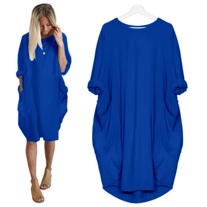 Women's Fashion Pocket Loose O Neck Solid Color Casual Party Dress