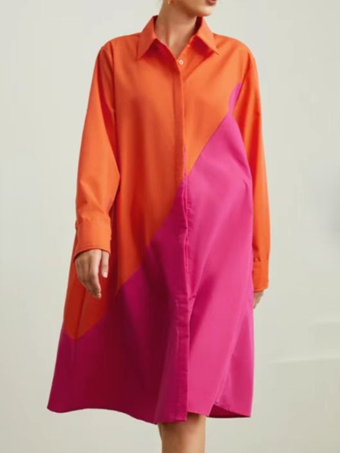 Ladies Fashion Lapel Printed Long Sleeve Shirt  Casual Dress
