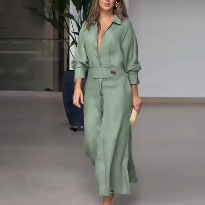 Women's Fashion Elegant Solid Color Party Side Pocket Long Sleeve Office Maxi Dress