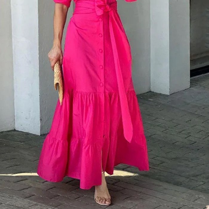 Women's Fashion Elegant Long Sleeves Lapel Ties Solid Color Party Maxi Dress