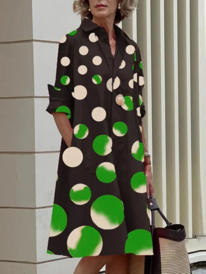 Ladies Fashion Lapel Printed Long Sleeve Shirt  Casual Dress